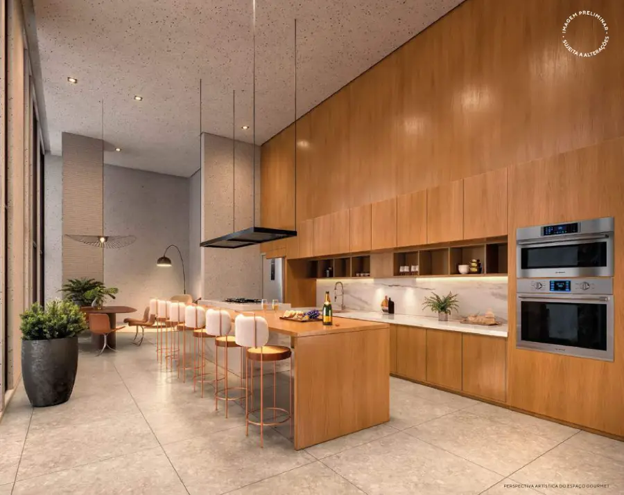 Espaço gourmet com cozinha em madeira, ilha e banquetas
