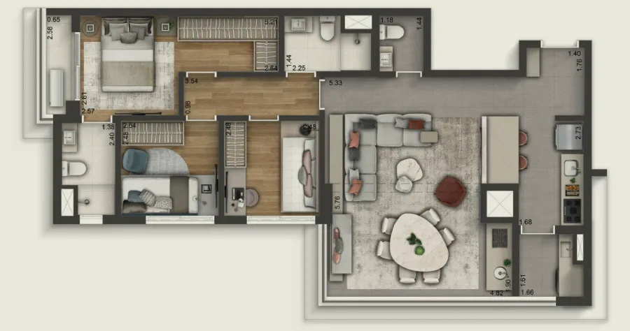 Planta do apartamento de 90 m² com 3 dormitórios e sugestão de cozinha aberta